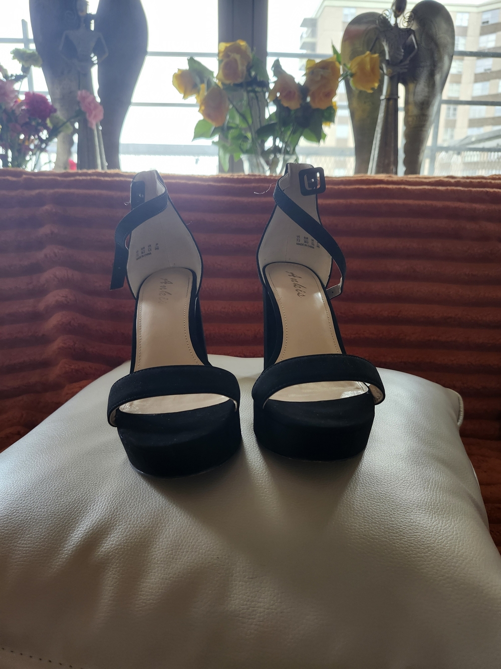 Women's Black Suede Platform Ankle-Strap Heels